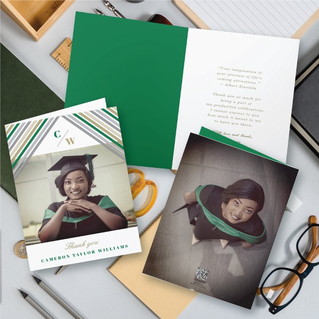 Cartão De Agradecimento Graduação Moderna de Fotografias de Stripes Diagon (Green Gold Grey Diagonal Stripes Photo Modern Graduation Thank You Card @ zazzle.com/color_therapy)