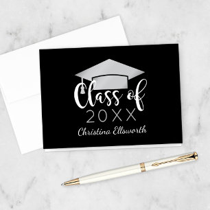 Cartão De Agradecimento Graduação Personalizada Elegante Preto Prata 2025