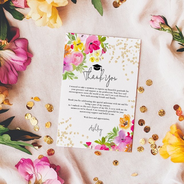 Cartão De Agradecimento Graduação por Aquarela Glitter Bold Chic Boho (Chic Bold Boho Glitter Watercolor Graduation Thank You Card)