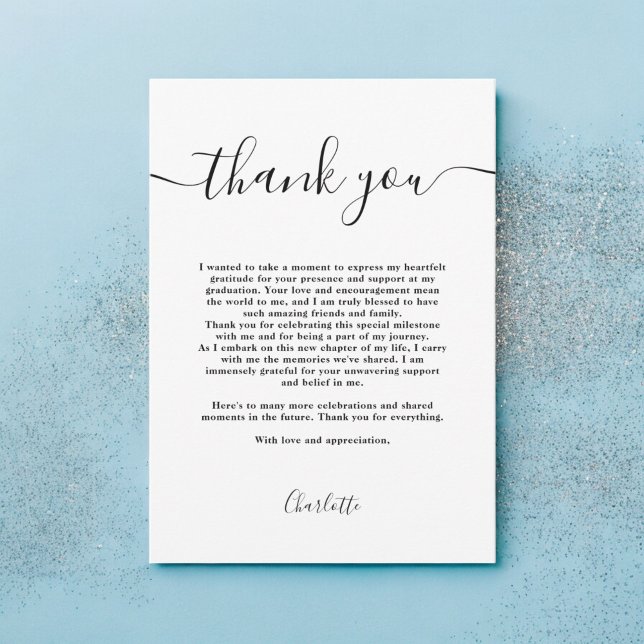 Cartão De Agradecimento Graduação simples de preto e branco (Simple modern Black and white script graduation Thank You Card)