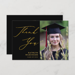 Cartão De Agradecimento Graduação Simples em Preto e Dourada Caligrafia El