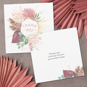 Cartão De Agradecimento Grama das Pampas e Mandala Boho Rosa e Dourado