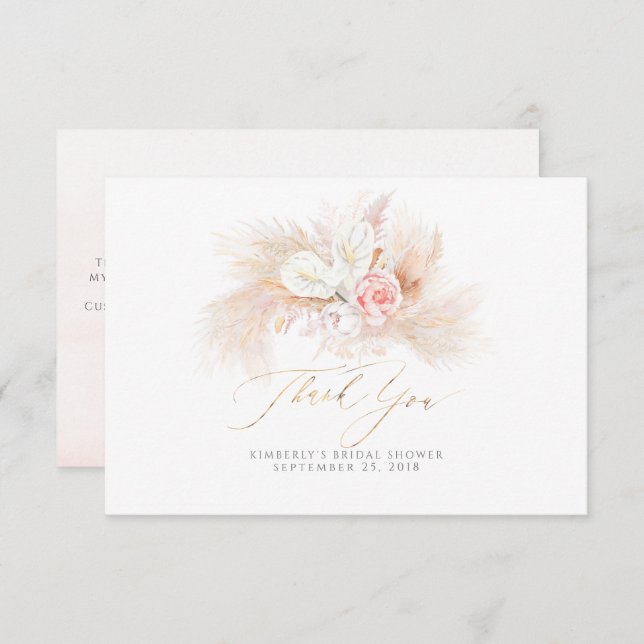 Cartão De Agradecimento Grama das Pampas Floral Rosa Pequeno Obrigado (Frente/Verso)