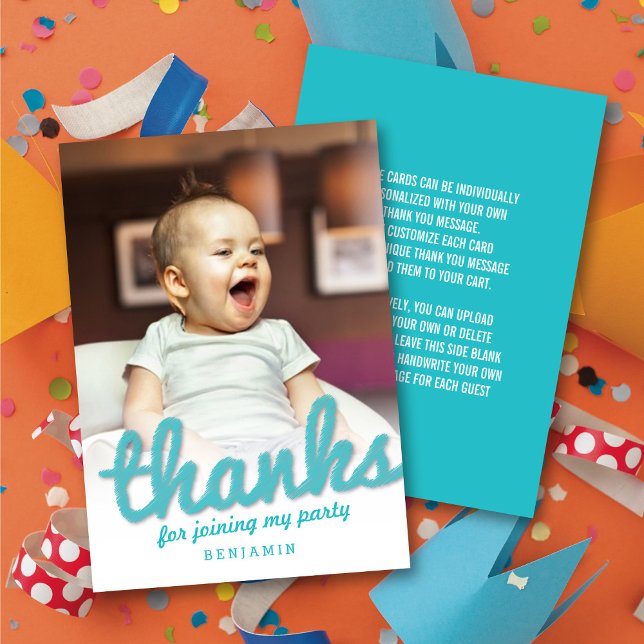 Cartão De Agradecimento Grande Esboço Agradecimentos Negrito Aniversário I (Big Sketch Blue 'Thanks' Bold Script Kid's Birthday Photo Thank You Note Card @zazzle.com/fat_fa_tin)