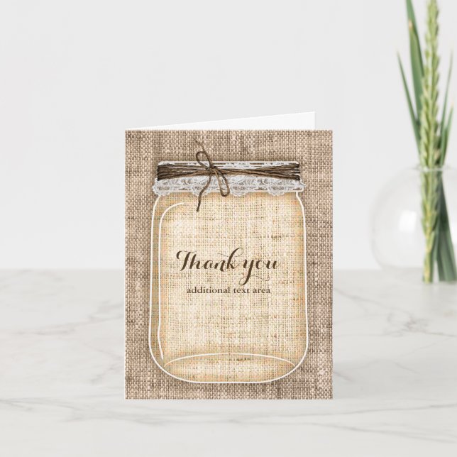 Cartão De Agradecimento Grande Mason Jar com Casamento Russo Burlap & Lace (Frente)