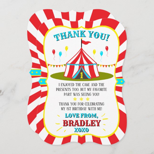 Cartão De Agradecimento Grande primeiro aniversario de Carnaval de Circo S (Frente/Verso)
