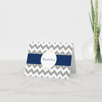 Cartão De Agradecimento Gray and Navy Chevron Striped Monogram Thank You