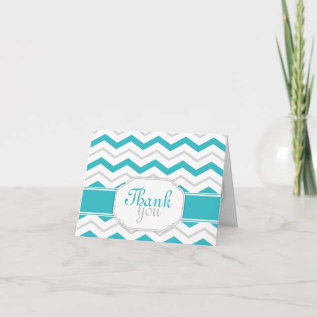 Cartão De Agradecimento Gray & Turquoise Chevron Trendy Thank You Cards (Frente)