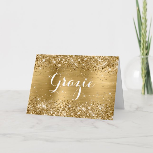 Cartão De Agradecimento Grazie Glittery Gold Foil Classic Script (Frente)