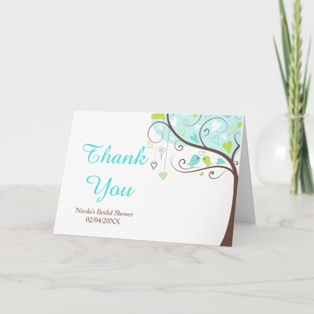Cartão De Agradecimento Green and Blue Floral Bird Bridal Shower Thank You (Frente)