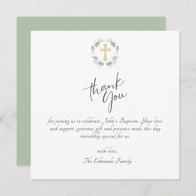 Cartão De Agradecimento Green and Gold Minimalist Baptism (Frente/Verso)