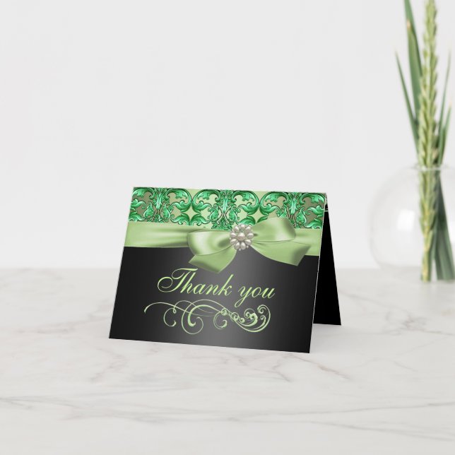 Cartão de Agradecimento Green/Black Damask & Bow (Frente)