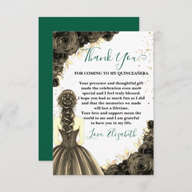 Cartão De Agradecimento Green & Black Quinceañera Custom Thank You Card (Frente/Verso)