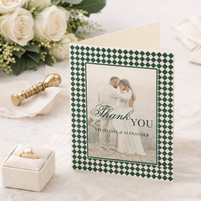 Cartão De Agradecimento Green Checkered Old Money Photo Wedding Folded (Criador carregado)