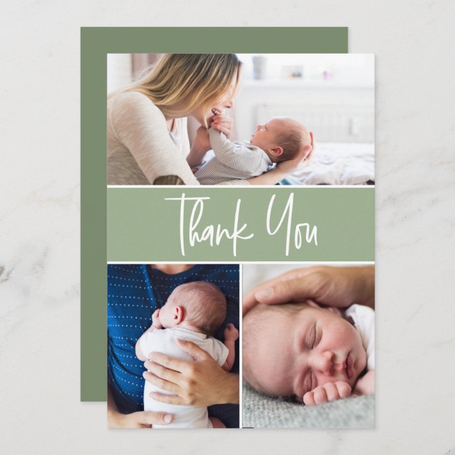 Cartão De Agradecimento Green Custom 3 Baby Phots Handletting Script (Frente/Verso)