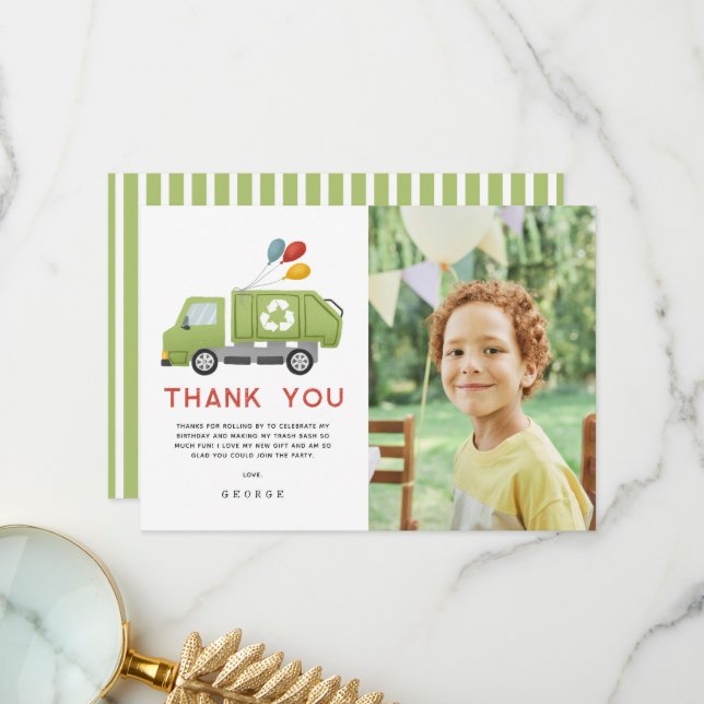 Cartão De Agradecimento Green Garbage Trash Truck Boys Birthday (Frente/Verso In Situ)