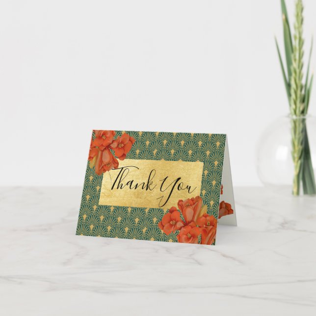 Cartão De Agradecimento Green & Gold Red Floral Art Deco Thank You Cards (Frente)