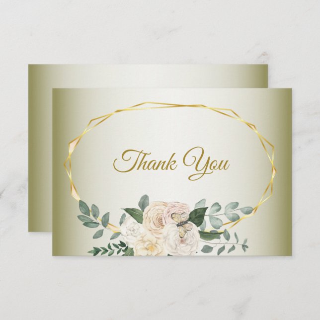 Cartão De Agradecimento Green Leaves Pink Floral Gold Geometric Wedding Th (Frente/Verso)