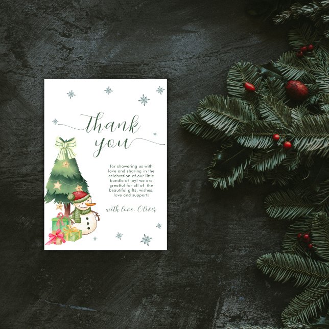 Cartão De Agradecimento Green Modern Winter Snowman Baby Shower (Green Modern Winter Snowman Baby Shower Thank You Card)