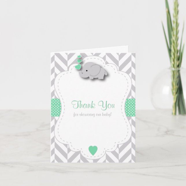 Cartão De Agradecimento Green, White Gray Elephant Baby Shower Thank You (Frente)