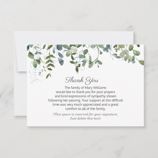 Cartão De Agradecimento Greenere Sua Assinatura Funeral Obrigado (Frente)