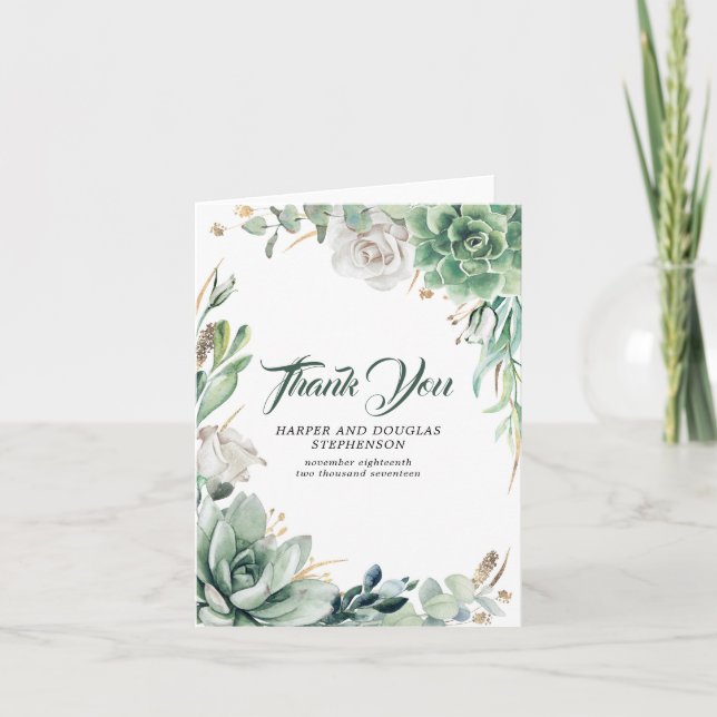 Cartão De Agradecimento Greenery e Dourado Casamento Obrigado (Frente)