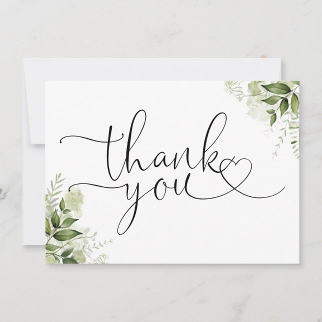 Cartão De Agradecimento Greenery Floral Elegant Heart Script (Frente)