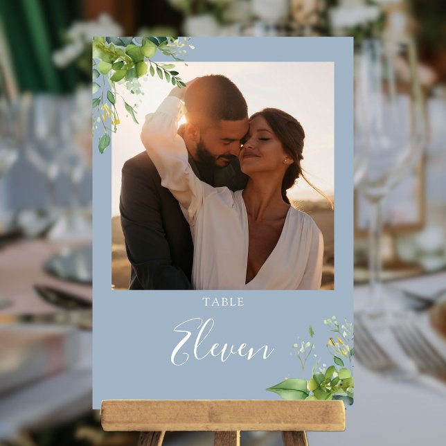 Cartão De Agradecimento Greenery Floral Foto Dusty Número de Tabela Azul (Greenery Floral Photo Dusty Blue Table Number)