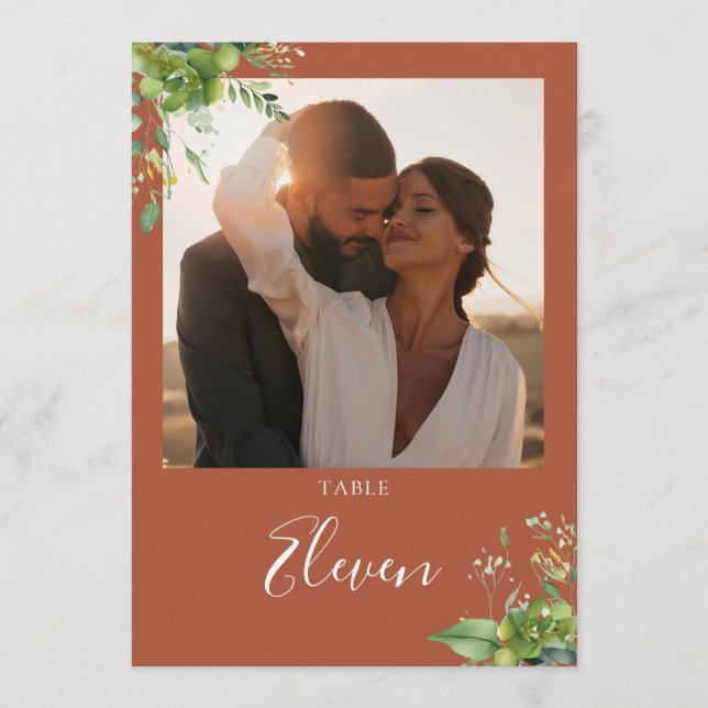 Cartão De Agradecimento Greenery Floral Foto Terracotta Número da Tabela (Frente)