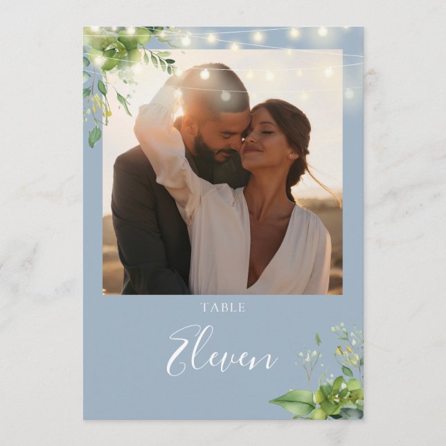 Cartão De Agradecimento Greenery Luzes Foto Dusty Número de Tabela Azul (Frente)
