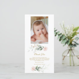 Cartão De Agradecimento Greenery Pink Foto Dourada Floral Cristening