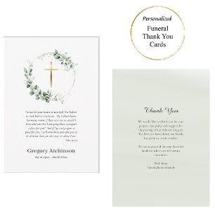 Cartão De Agradecimento Greenery Wreath com Dourado Funeral Católico