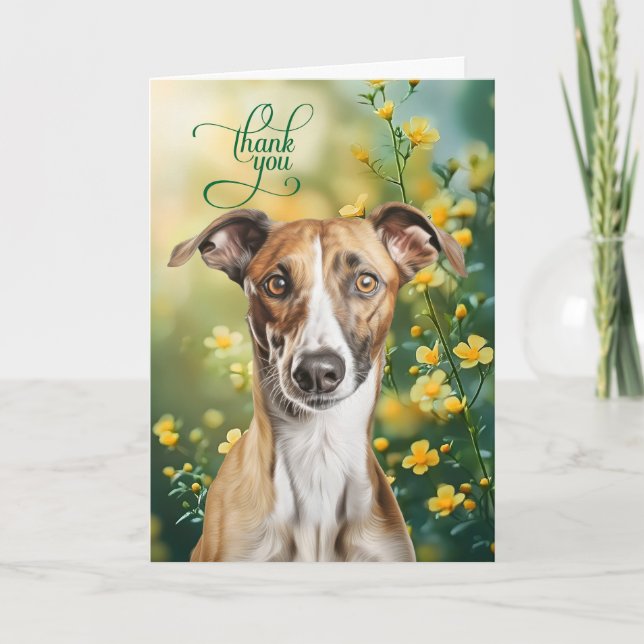 Cartão De Agradecimento Greyhound Dog with Tiny Yellow Flowers (Frente)