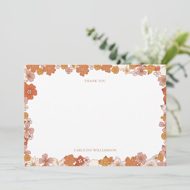 Cartão De Agradecimento Groovy Boho Orange Floral Baby Shower Custom (Em pé/Frente)