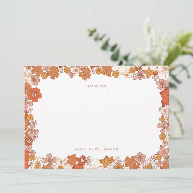 Cartão De Agradecimento Groovy Boho Orange Floral Chá de panela Personaliz (Em pé/Frente)
