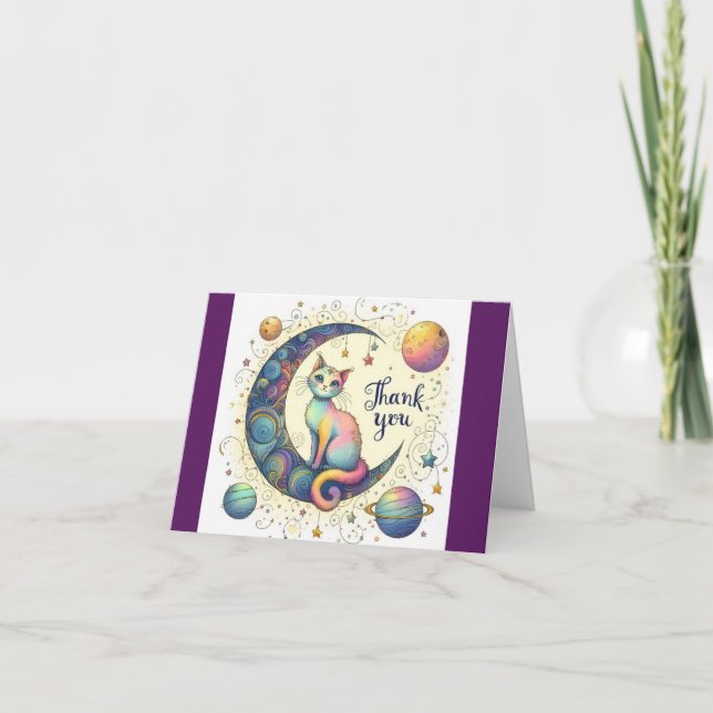 Cartão De Agradecimento Groovy Cat na Lua (Frente)