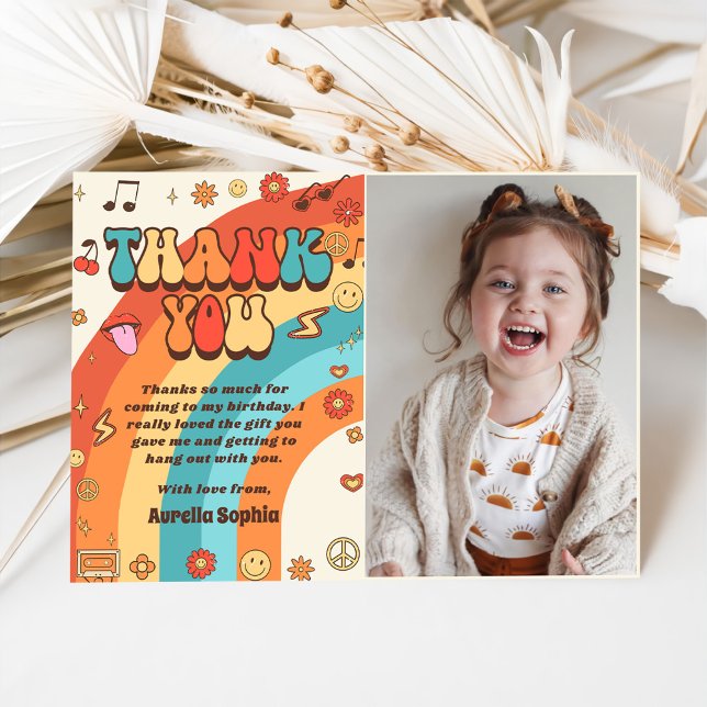 Cartão De Agradecimento Groovy Retro Rainbow - Foto de Aniversário (Criador carregado)