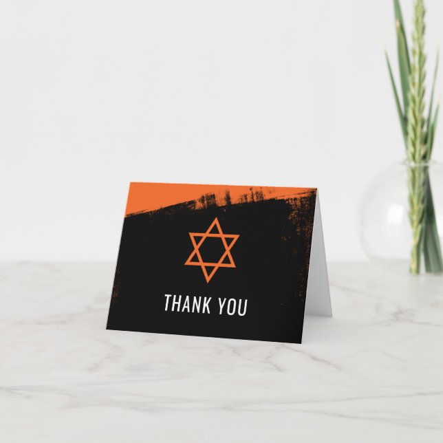 Cartão De Agradecimento Grunge Orange Black Bar Mitzvah Thank You (Frente)