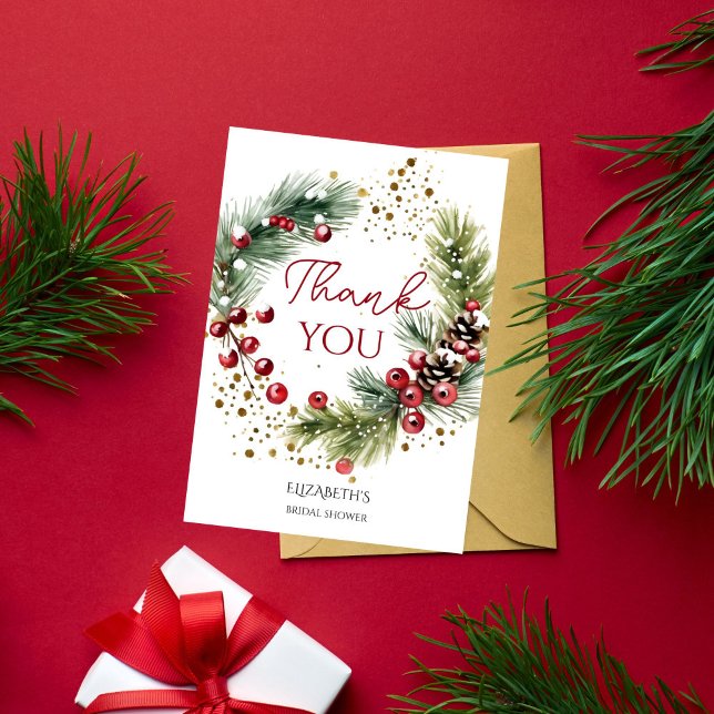 Cartão De Agradecimento Guirlanda de pinheiros nevados com bagas vermelhas (Winter red berries snowy pines wreath thank you card watercolor winter rustic elegant thank you card)