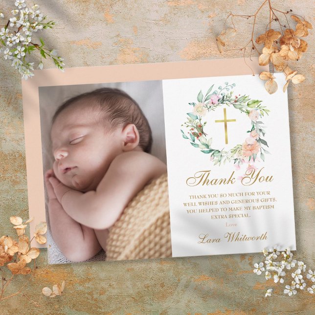 Cartão De Agradecimento Guirlanda Floral Campestre Batismo, Foto do Batism (Woodland Floral Garland Baptism, Christening Photo Thank You Card)