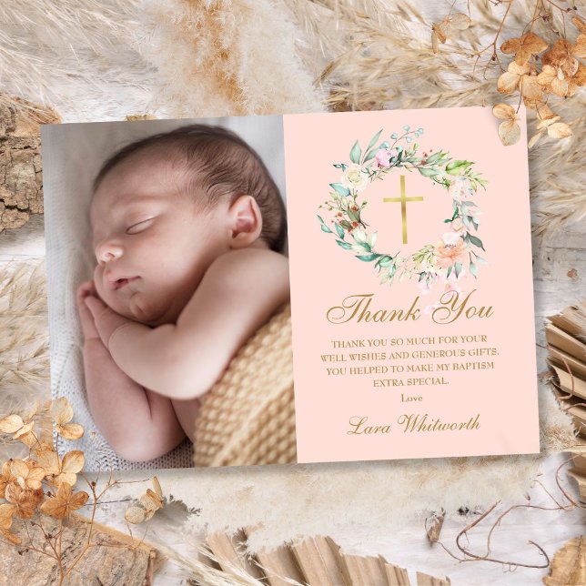 Cartão De Agradecimento Guirlanda Floral Rosa Bebê Batismo Foto (Blush Pink Floral Garland Baptism Photo Thank You Card)