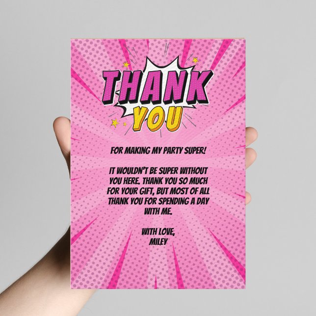 Cartão De Agradecimento Hábito Rosa, Super-Herói da Cômica, Obrigado (Superhero Comic Book Girl's Birthday Thank you Card)