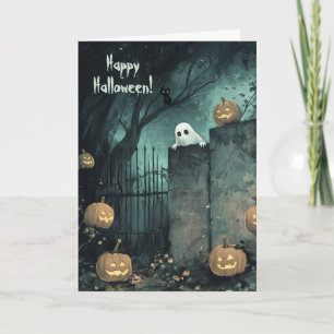 Cartão De Agradecimento Halloween com Ghost e Black Cat