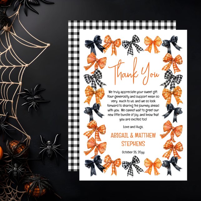 Cartão De Agradecimento Halloween Coquette Black | Chá de fraldas de Arcos (Halloween Coquette Black | Orange Bows Girl Baby Shower Thank You Card)