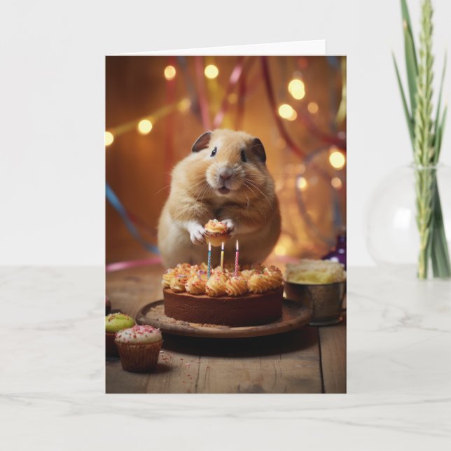 Cartão De Agradecimento Hamster com Bolo de Aniversário (Frente)