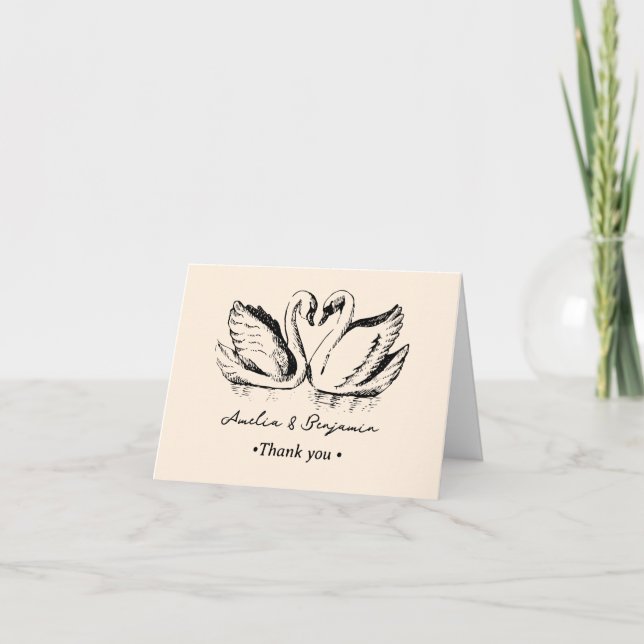 Cartão De Agradecimento hand drawn Couple Swan Whimsical Wedding (Frente)
