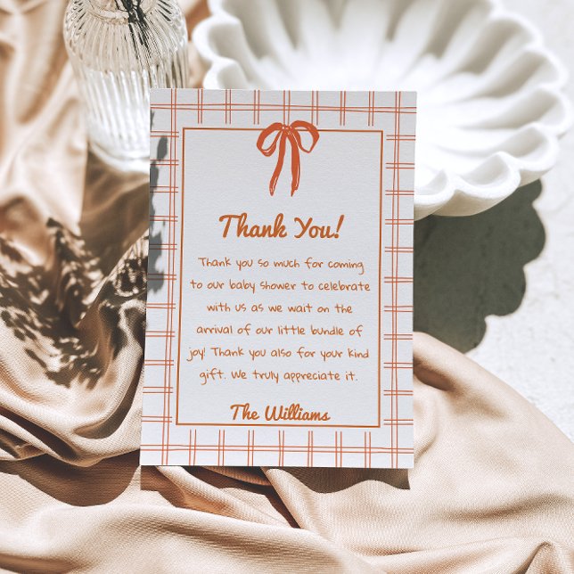 Cartão De Agradecimento Hand Drawn Orange Gingham Bow Neutral Baby Shower  (Criador carregado)