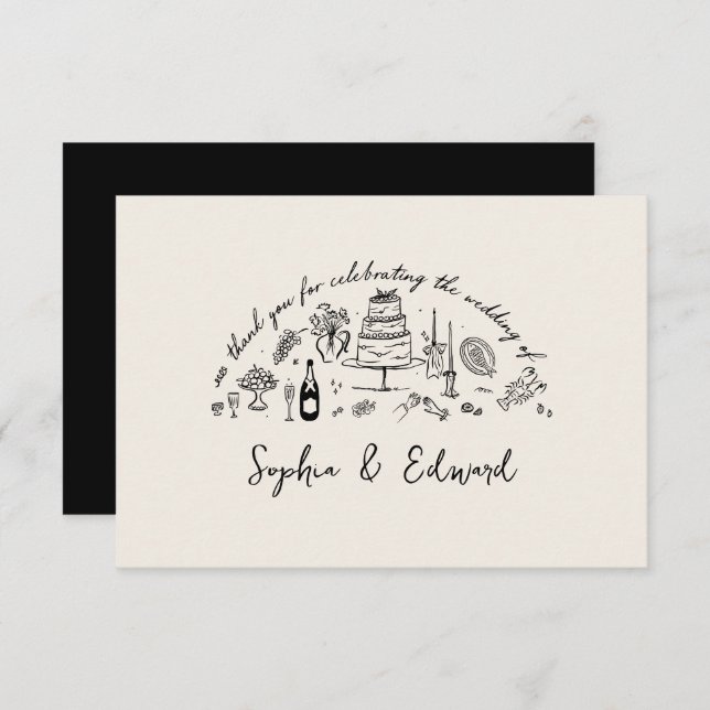 Cartão De Agradecimento Hand-drawn whimsical line art wedding style (Frente/Verso)