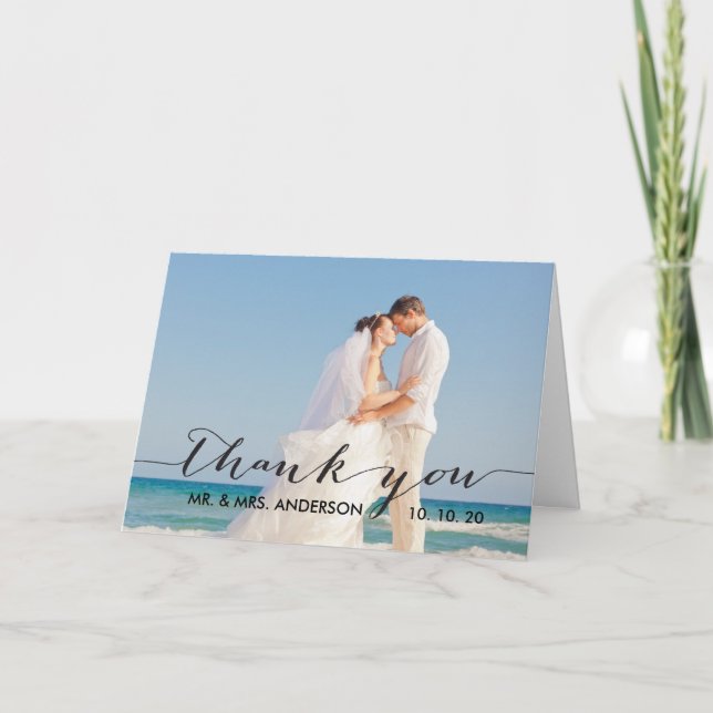 Cartão De Agradecimento Handwriting Black | Wedding Photo Thank You Card (Frente)