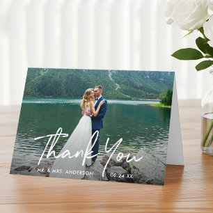 Cartão De Agradecimento Handwritten Script Wedding Photo Fold